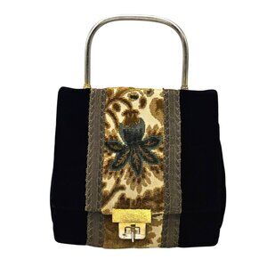 Vintage 1960/70s Black Velvet Brocade Purse Handbag Metal Handle